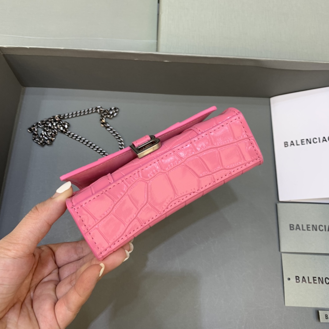 Balenciaga Hourglass Mini Handbag With Chain Crocodile Embossed Shoulder Bag Pink